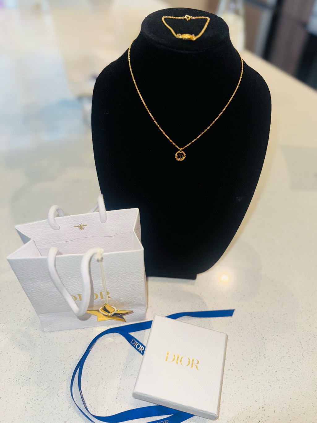 Dior Gold Necklace And Bracelet Set With Bag Charm, Dust Bag, Box And Gift Bag